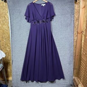 Ever Pretty Purple Chiffon Maxi Dress Flutter Sleeve Floral Sequin Formal Sz 8